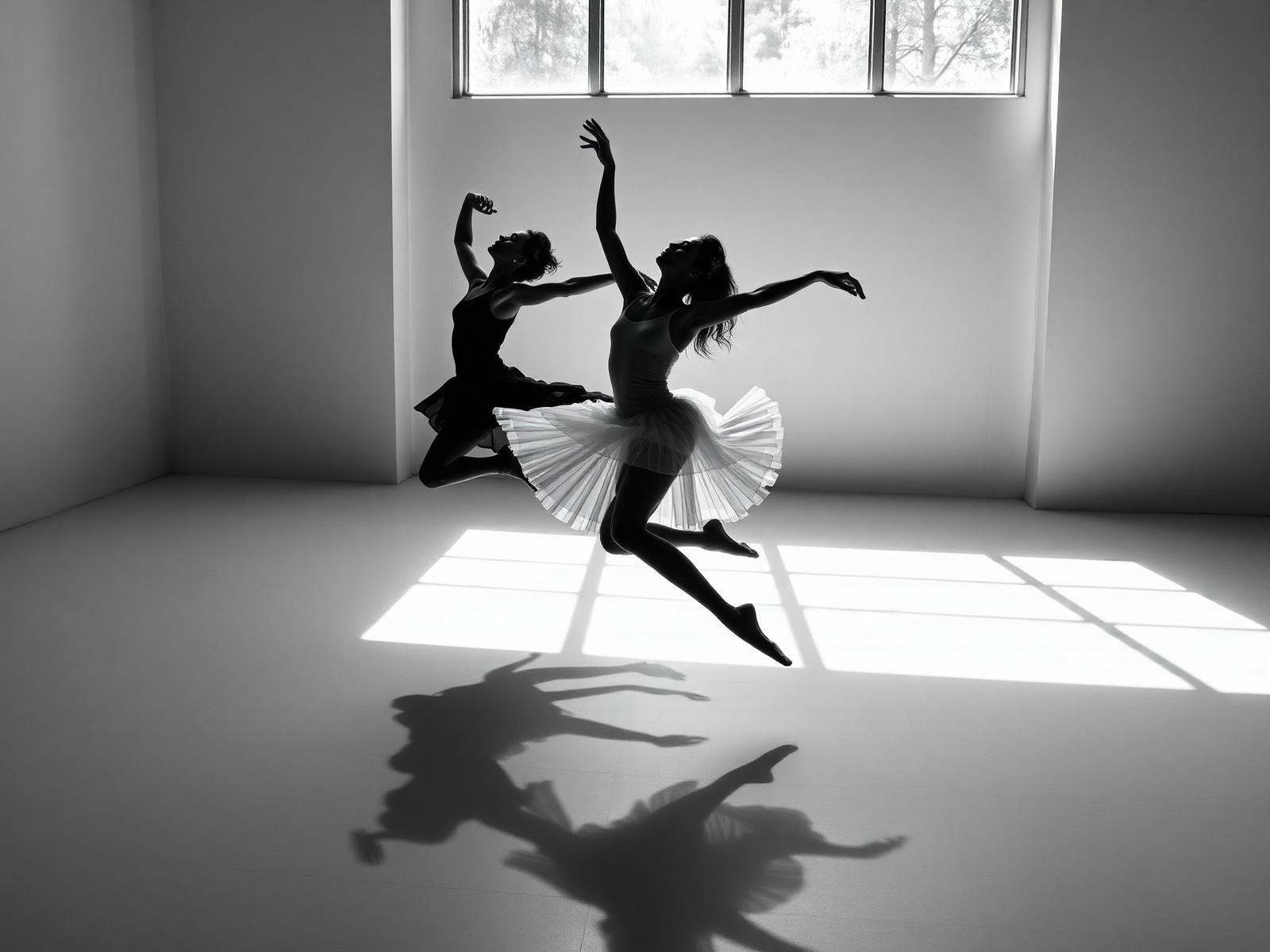 Dancers leaping in a sunlit studio